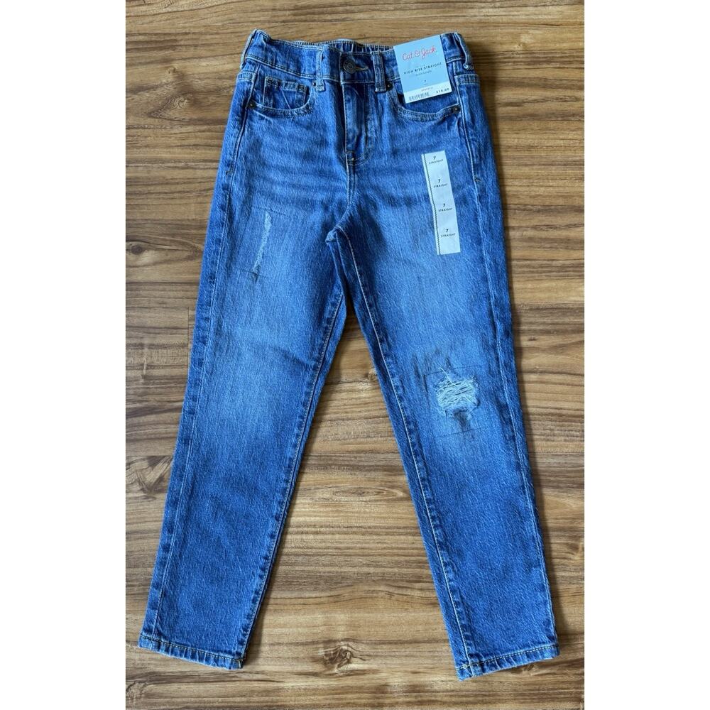 Cat & Jack Girls' Size 7 High-Rise Straight Stretch Ankle Jeans Distressed NWT
